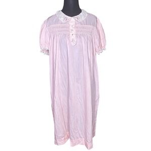 Vintage Barbizon Pink Smocked Nightgown Lace Trim Puff Sleeve Nightdress L